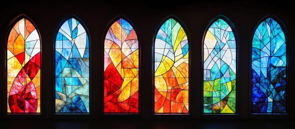 Religious Organizations and Ecclesiastical Law. Set of six stained glass arched church windows. Religious Organizations and Ecclesiastical Law